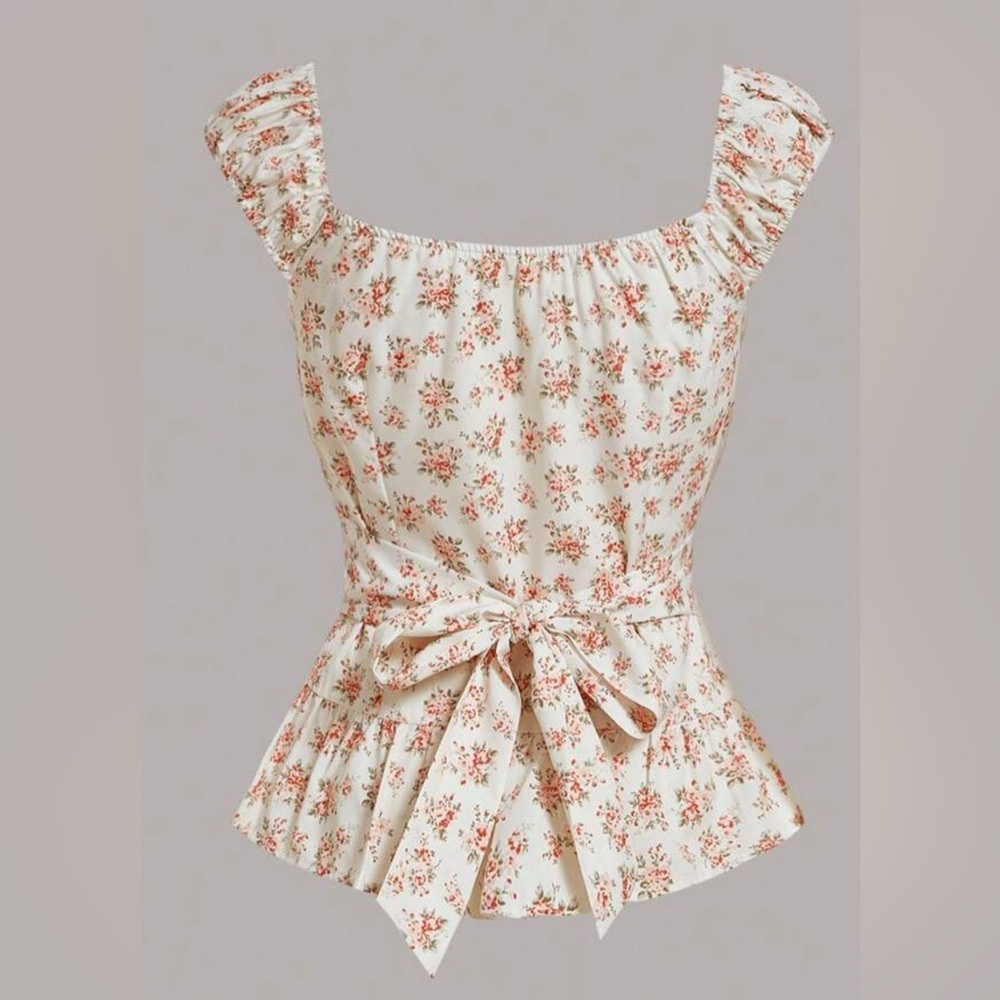 ROMWE Kawaii Ditsy Floral Cream Tie Back Milkmaid Top Blouse Plus Size 3x
